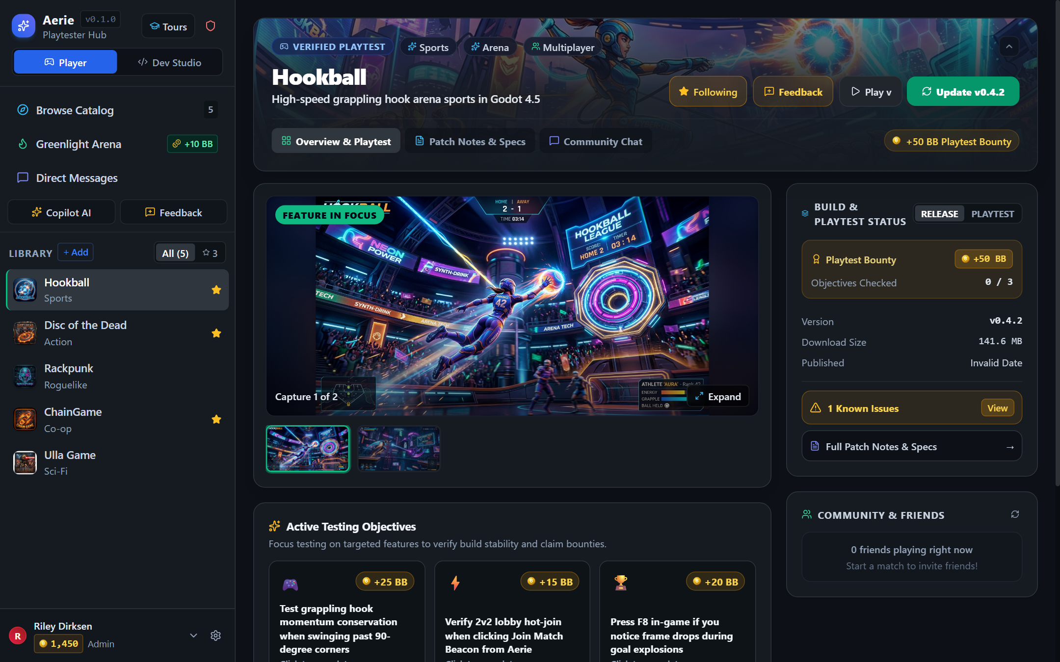 Hookball Game Storefront — Build Channel Selector, Proof-of-Play Voting, Active Testing Objectives, and Keybindings