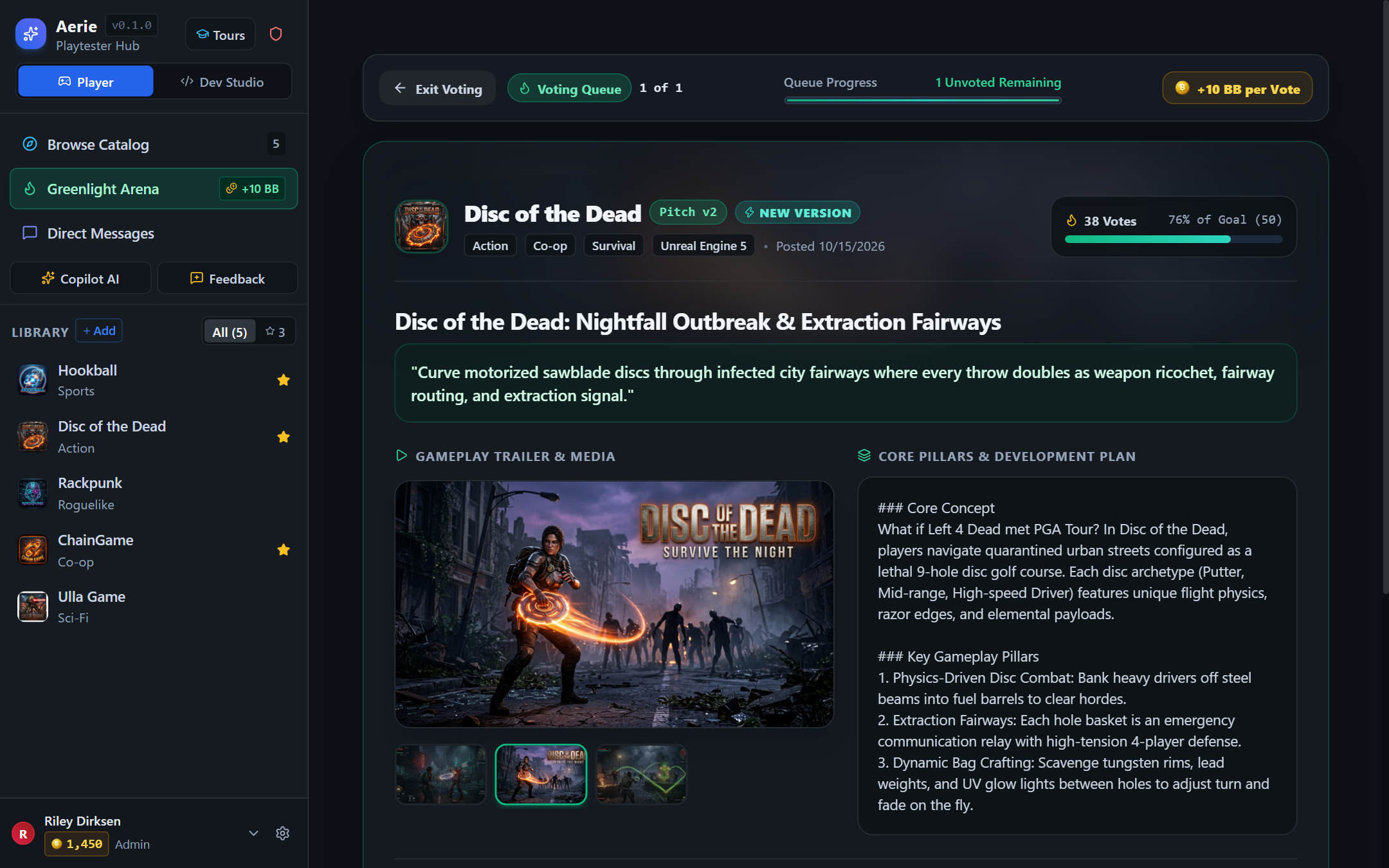 Greenlight Concept Voting Arena — Disc of the Dead Pitch v2 with Media Gallery and Gameplay Pillars