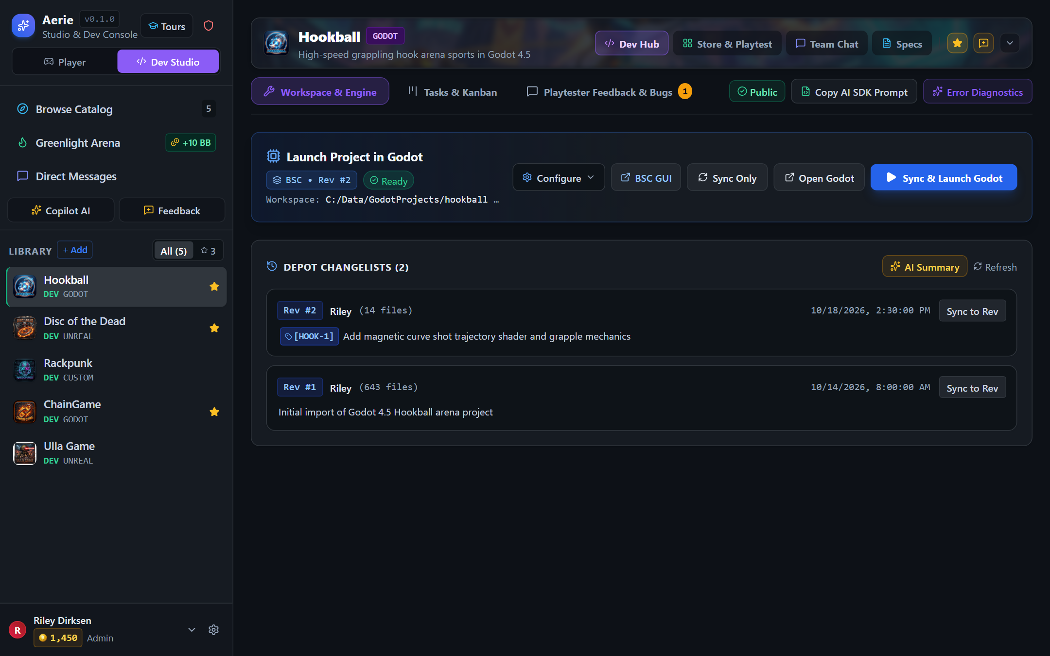 Developer Hub — 1-Click Sync & Launch Godot, BetterSourceControl Changelists, Copy AI SDK Prompt, and Error Diagnostics