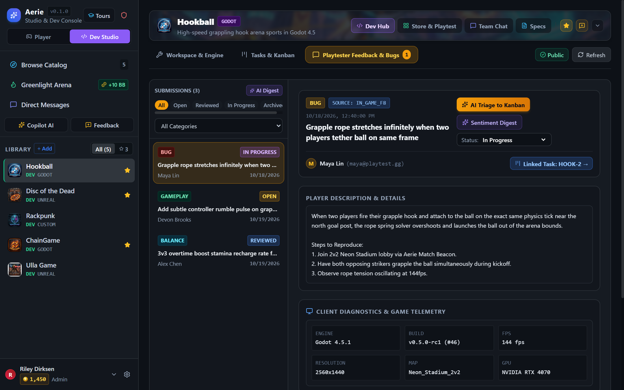Playtester Feedback & Bug Triage — In-Game F8 Report with Client Diagnostics Telemetry and 1-Click AI Triage to Kanban