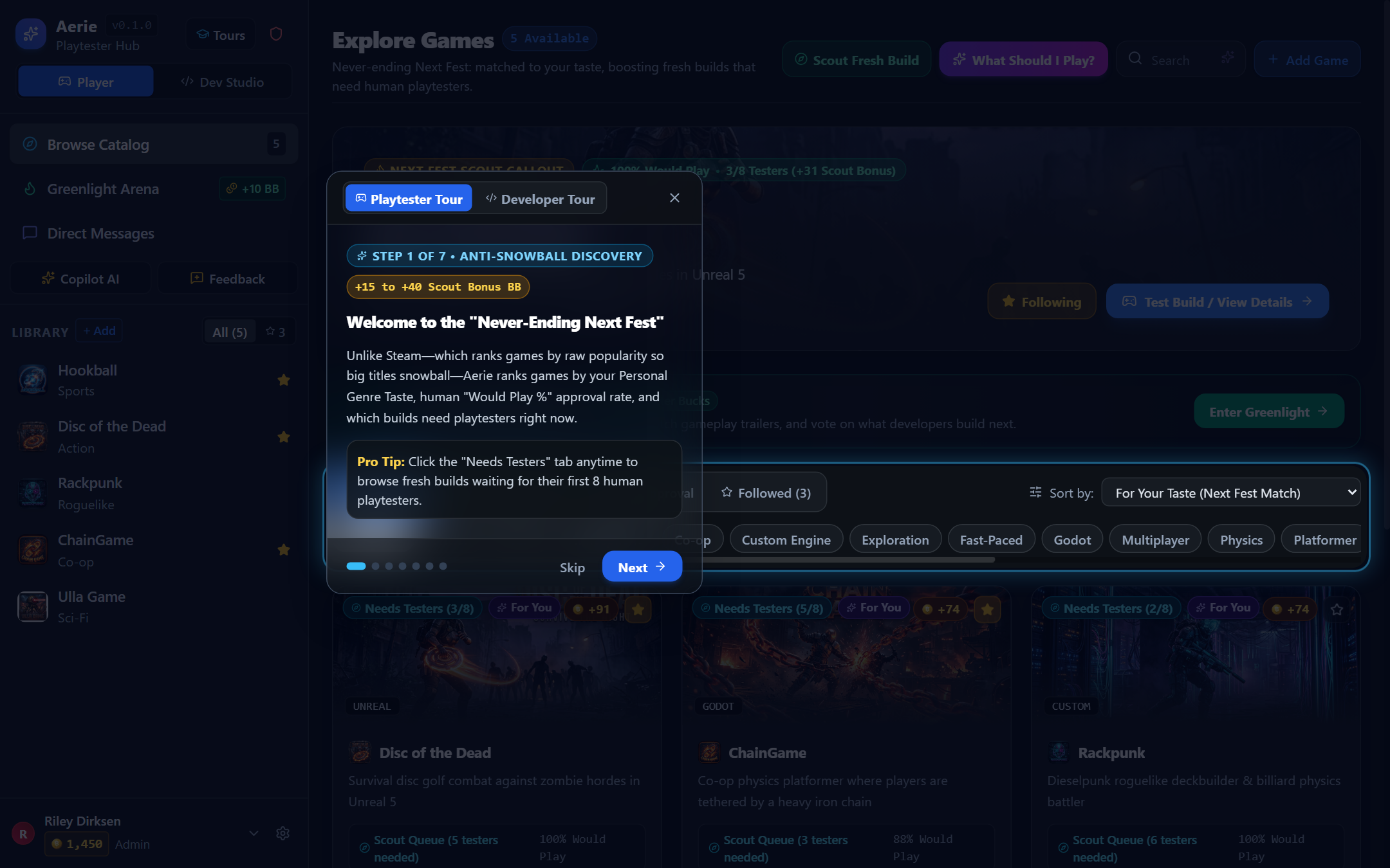 Interactive Spotlight Tour Modal — 7-Step Playtester and Developer Guided Walkthroughs